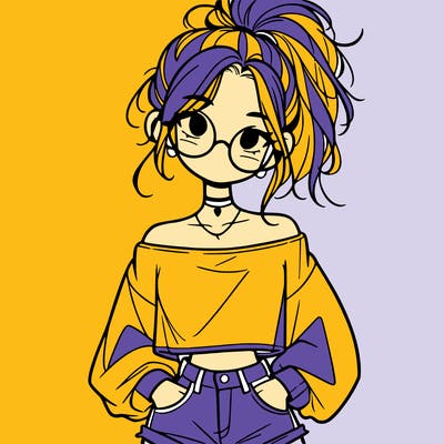 girl with a messy ponytail glasses a baggy crop top and jean shorts