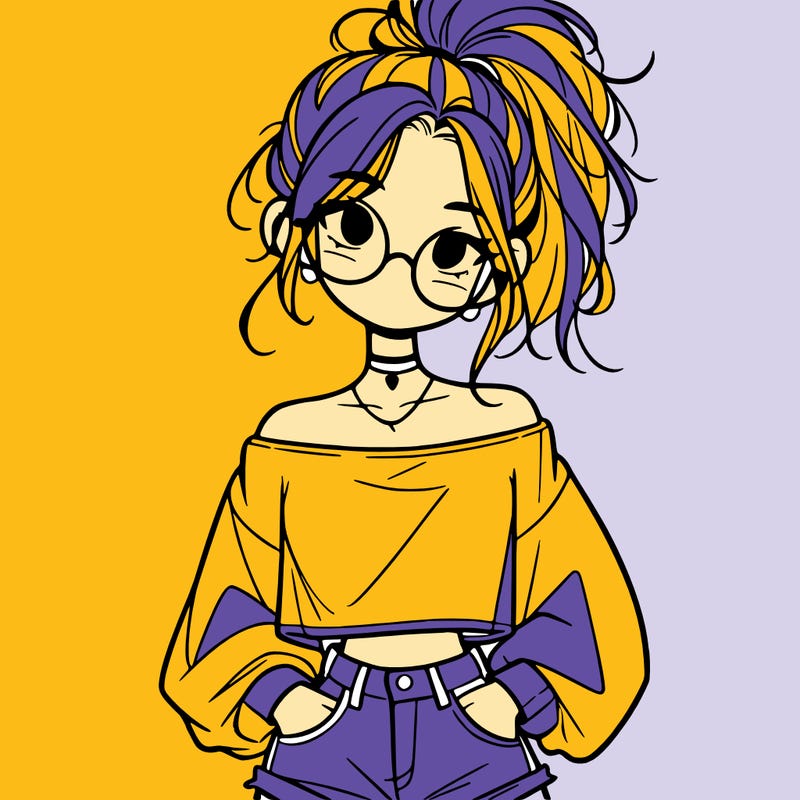 girl with a messy ponytail glasses a baggy crop top and jean shorts