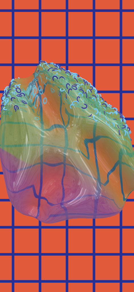 Slime Studio - A colorful translucent slime blob with blue ring charms on an orange grid background