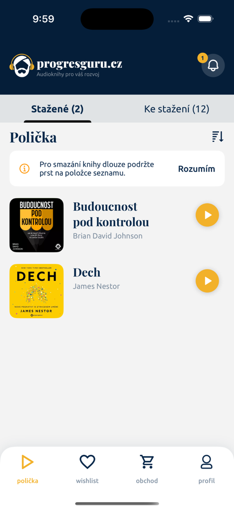 The library screen of the ProgresGuru mobile app showing a list of downloaded business audiobooks