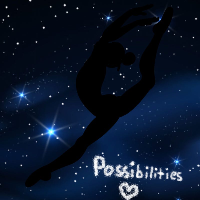 gymnast doing a leap in a leotard with a bent back leg