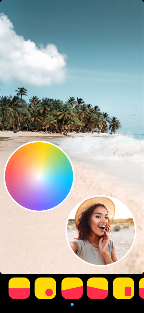 Oberfläche der Double Camera App mit einem Dual-Aufnahme-Layout, das einen Strandhintergrund und ein kreisförmiges Selfie-Fenster zeigt