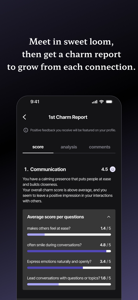 sweet loom: AI matched dating - Captura de pantalla de la aplicación Sweet Loom que muestra un informe detallado de encanto con puntuaciones de comunicación y comentarios sobre la personalidad.