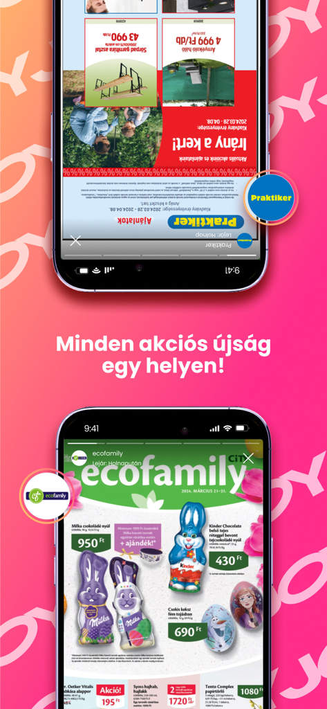Mobile phone screens displaying digital promotional catalogs and store flyers within the JOY Hungary app.