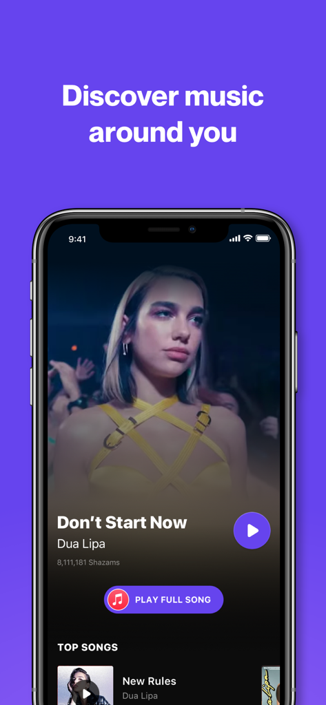 iPhone screen showing the Shazam app identifying a song by Dua Lipa with discovery features