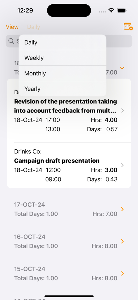 Time Logger - Time Logger app interface showing a list of logged work events with a dropdown menu for daily weekly monthly and yearly views