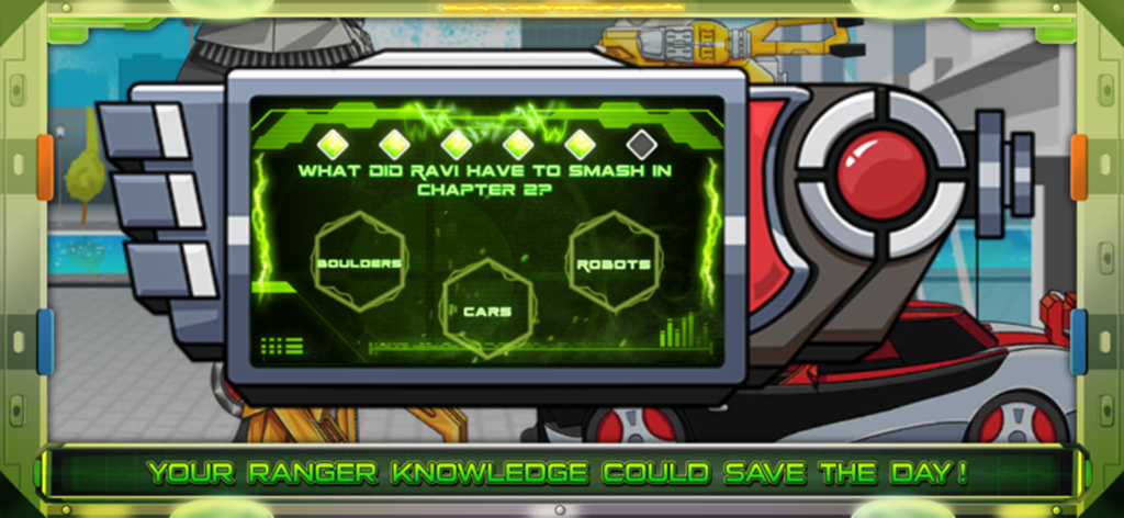 Una pantalla de prueba de comprensión de lectura de la aplicación Power Rangers Beast Morphers haciendo una pregunta sobre la historia