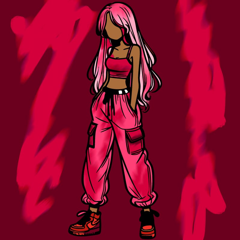 girl in baggy pants crop top and long hair