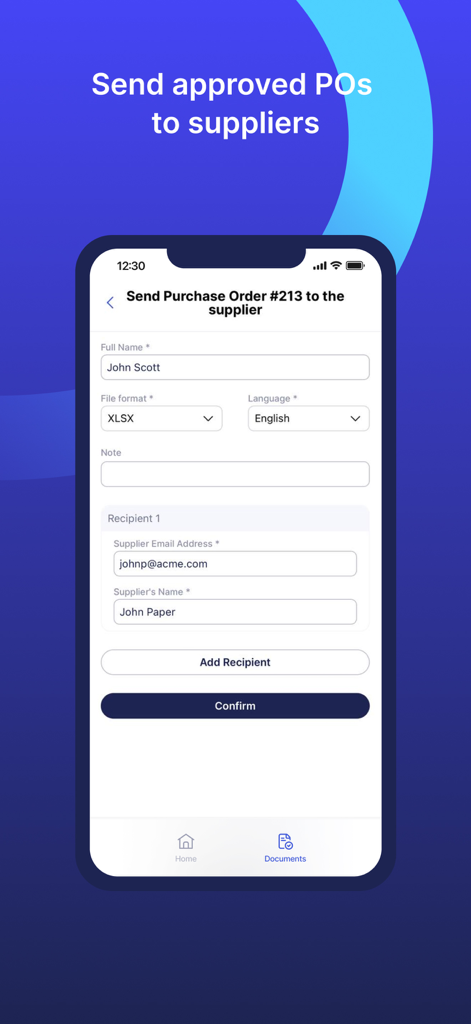 Precoro - Precoro mobile app screen for sending an approved purchase order to a supplier