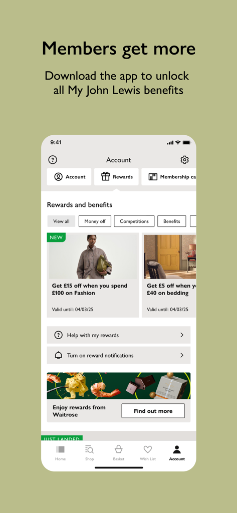 Die My John Lewis App-Oberfläche zeigt Mitgliedschaftsrabatte und personalisierte Rabattangebote für Mode- und Haushaltsprodukte.