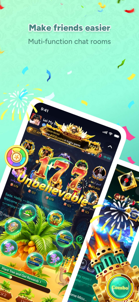 Sada Live - 게임화된 보상과 다기능 채팅 룸을 보여주는 사다 라이브 앱 화면