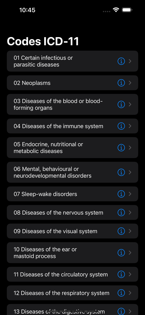 List of ICD-11 medical code categories in the app interface