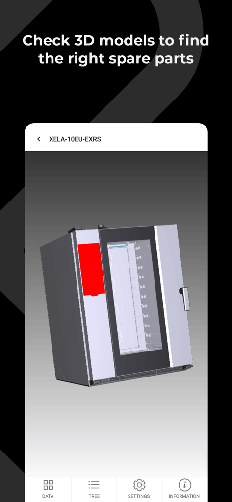 Unox Partner Hub - Modelo 3D de un horno profesional Unox que muestra un componente resaltado para la identificación de repuestos