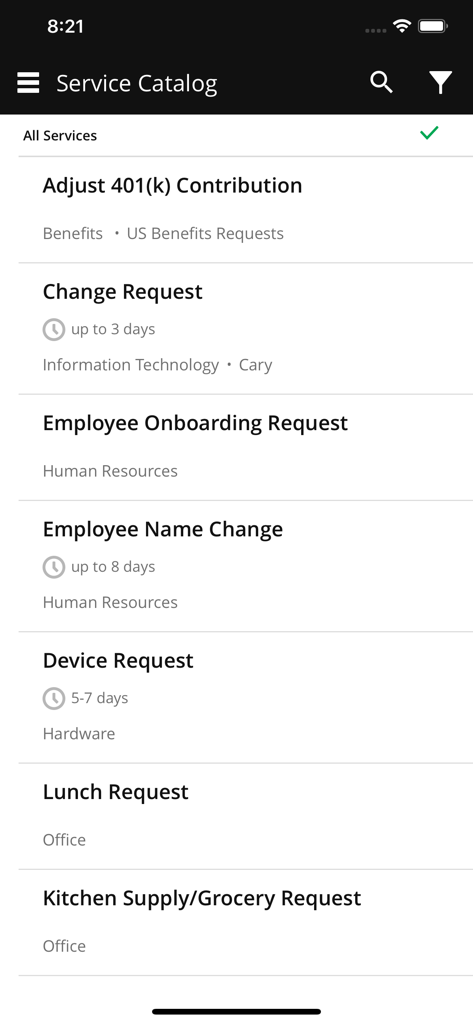 SolarWinds Service Deskモバイルアプリ画面に、HRやITなどのさまざまな従業員リクエストカテゴリを表示するサービスカタログが表示されます。