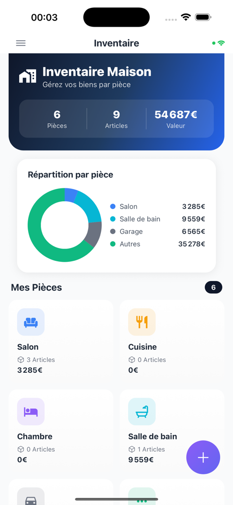 My Inventory AI - Home inventory dashboard in My Inventory AI app showing asset value and room distribution