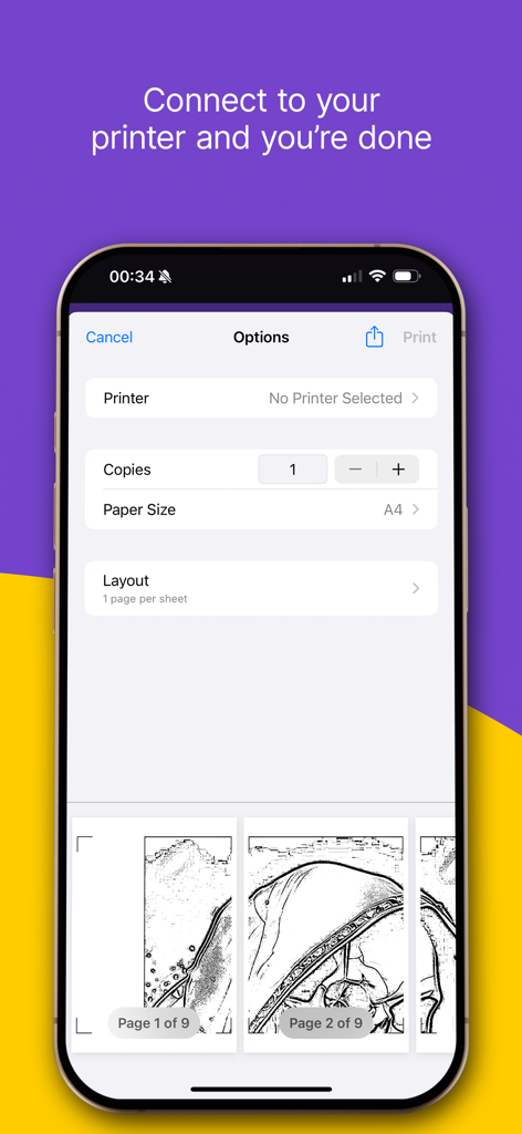 Smartphone screen showing print settings and multi-page preview for a large tattoo stencil design.
