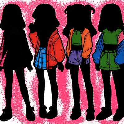 one girl with crop-top shirt and a jacket with a skirt, long socks and another girl with a shirt and pants with a jacket