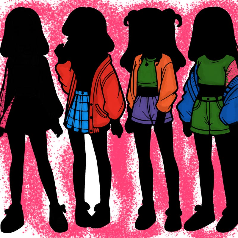 one girl with crop-top shirt and a jacket with a skirt, long socks and another girl with a shirt and pants with a jacket