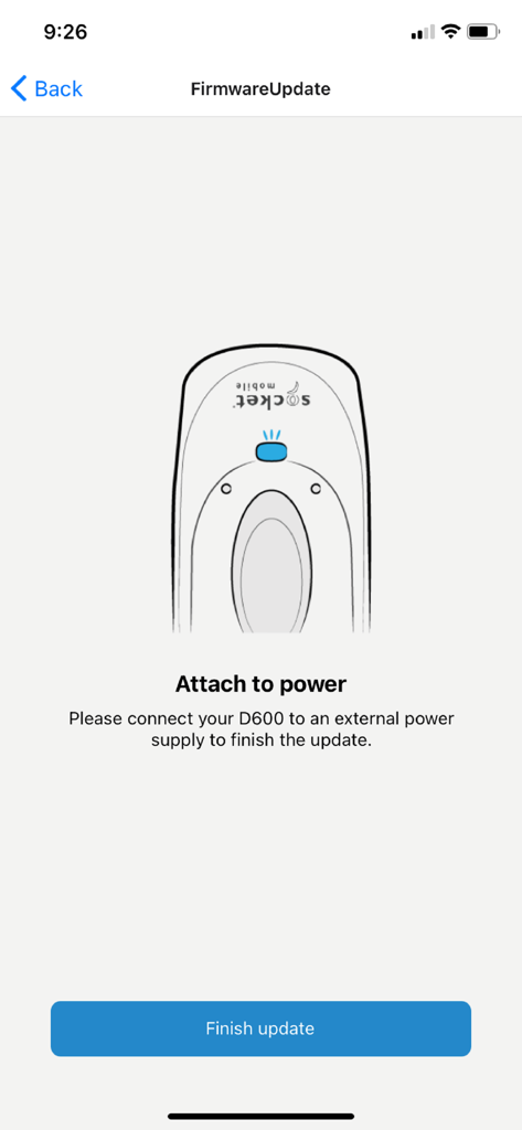 Maintenance by Socket Mobile - Socket Mobile app firmware update instruction to attach D600 device to power supply