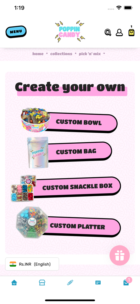 Pantalla en la app Poppin Candy que muestra opciones para crear una bolsa personalizada, caja de snacks o bandeja