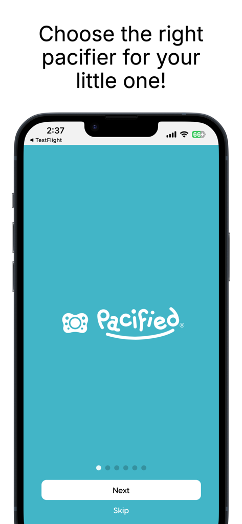 Pacified app onboarding screen to choose the right pacifier for your baby