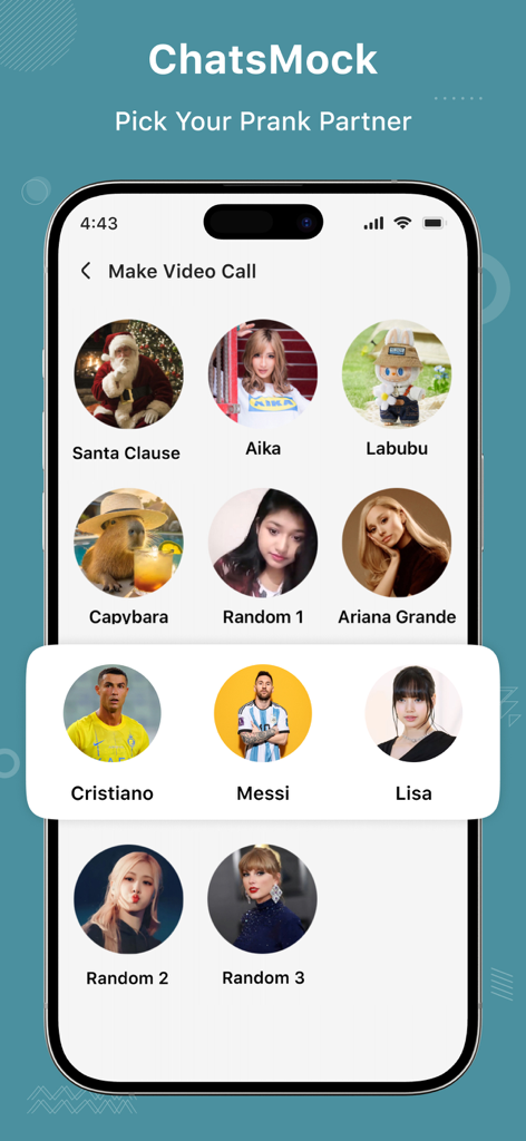 ChatsMock - Interface montrant une sélection de célébrités et de personnages pour passer des appels vidéo de farce.