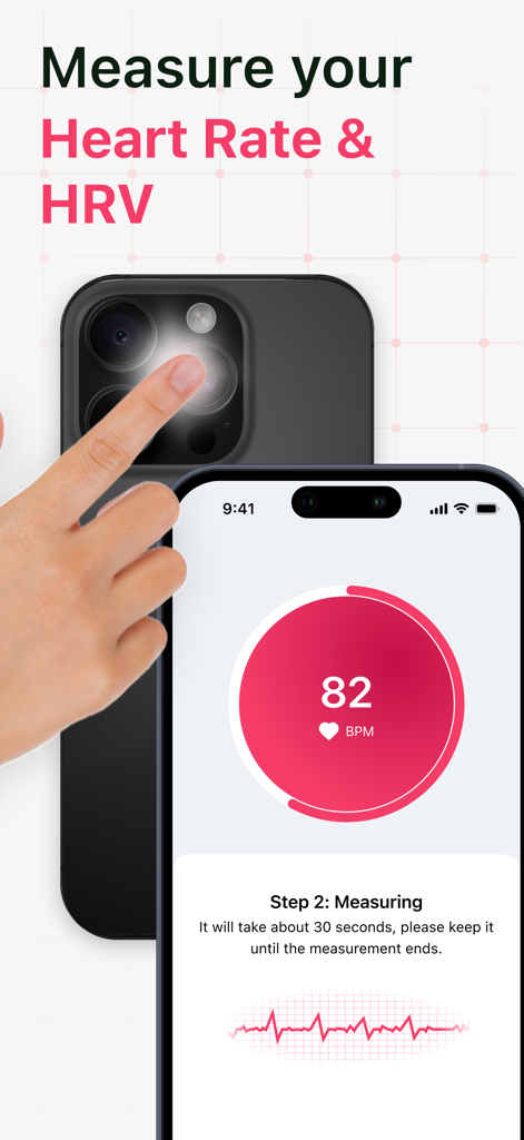 A person placing their finger over an iPhone camera flash to measure heart rate and HRV using the app.