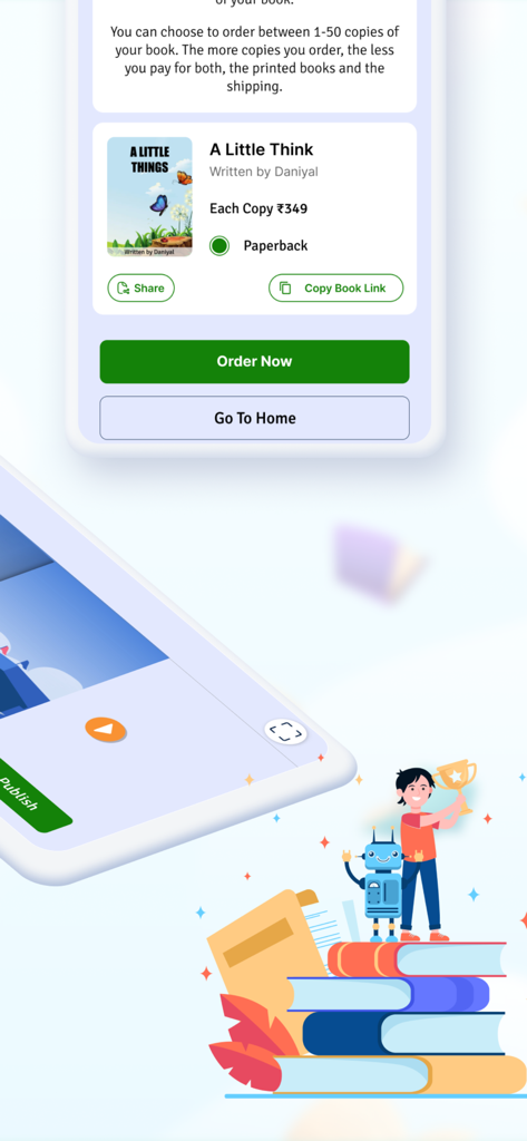 BriBooks - BriBooks mobile app interface for ordering physical paperback copies of a self-published children's book.