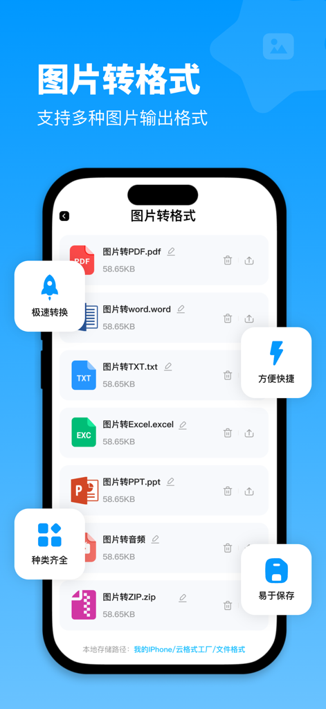 全能格式转换王-视频音频转换图片文件格式处理 - Interfaccia dell'app Omnipotent Format Converter che mostra opzioni di conversione da immagine a PDF, Word ed Excel.
