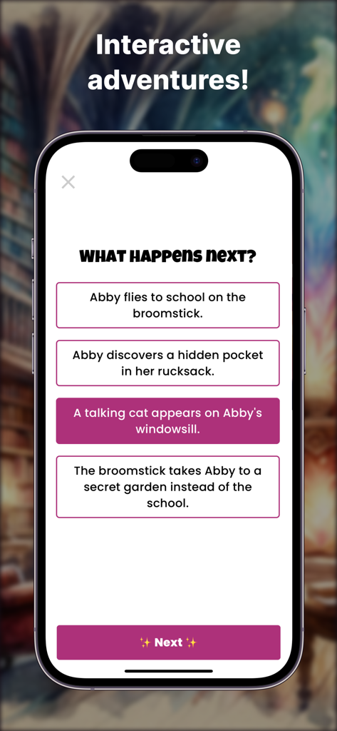 Magic Bookshelf: AI Stories - A screen from the Magic Bookshelf app showing interactive plot choices for an AI generated story adventure