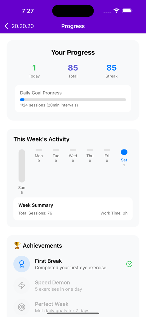 20.20.20: Eye Care & Tracker - Una dashboard che mostra statistiche sui progressi della salute degli occhi e obiettivi ludici