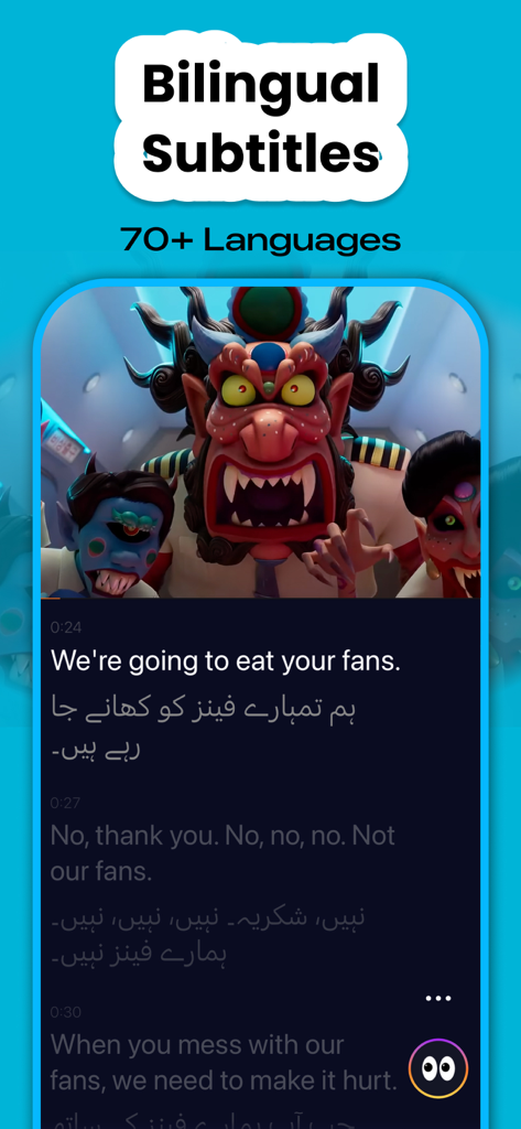 Language Reactor - PlayLingo - Language Reactor PlayLingo app showing bilingual subtitles for a movie scene.