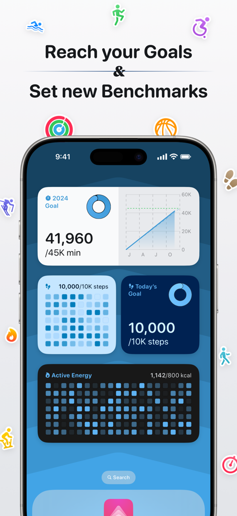 Peak: Health & Fitness Widgets - iPhone showing Peak health and fitness dashboard with goals and benchmark widgets