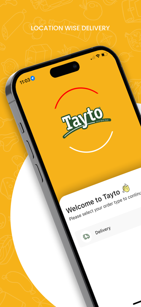 Tayto Cafe - Welcome screen of the Tayto Cafe mobile app on an iPhone showing the delivery option