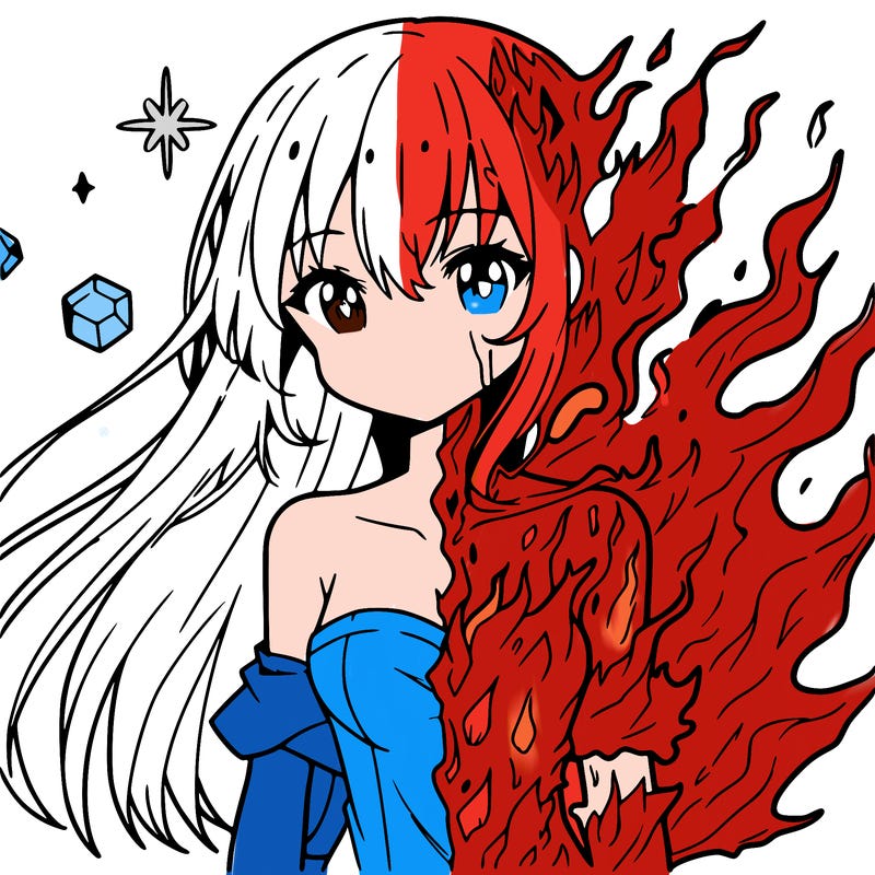 anime girl with ice on one side of her body and fire on the other side
