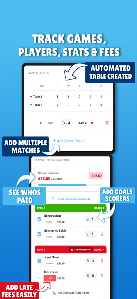 Interfaccia dell'app Quick Teams per il tracciamento dei risultati delle partite sportive, delle statistiche dei giocatori e delle quote delle squadre
