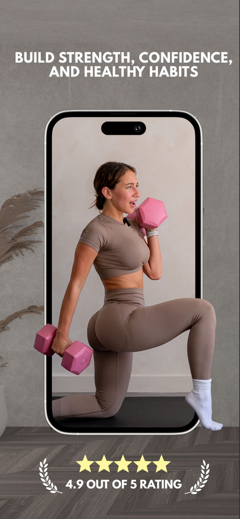 Daily Thrive by Vicky Justiz - Vicky Justiz realizando um treino com halteres na tela do aplicativo Daily Thrive com uma classificação de 4,9 estrelas.