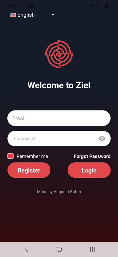 Ziel App - Welcome screen of the Ziel App for Eisstocksport with login and registration options