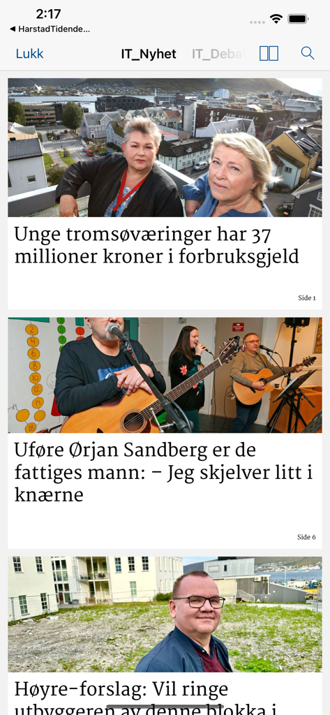 iTromsø - Interface do aplicativo móvel iTromso exibindo um feed de artigos de notícias locais noruegueses.