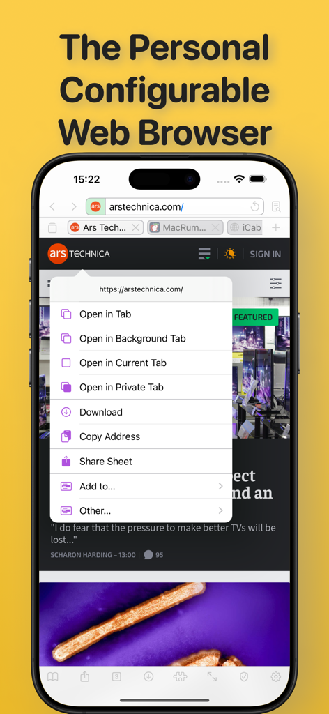 iCab Mobile (Web Browser) - Interfaz del navegador iCab Mobile mostrando un menú contextual de enlaces con múltiples opciones de pestañas y descargas en una pantalla de iPhone