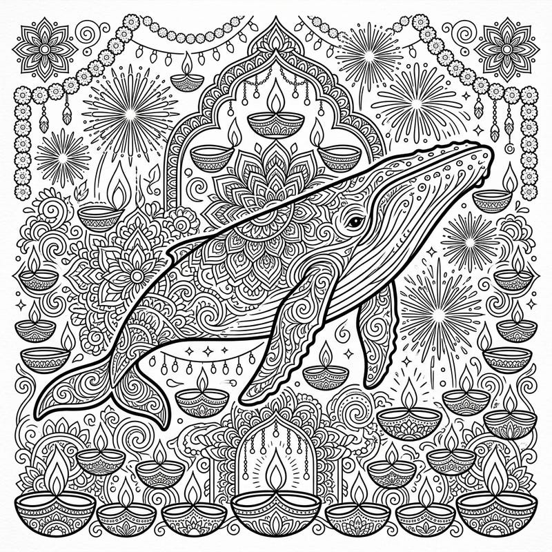 Discover a one-of-a-kind coloring experience featuring a majestic Humpback Whale amidst the vibrant celebration of Diwali. This intricately designed page combines marine wonder with the festive spirit of lights and patterns, perfect for mindful coloring.