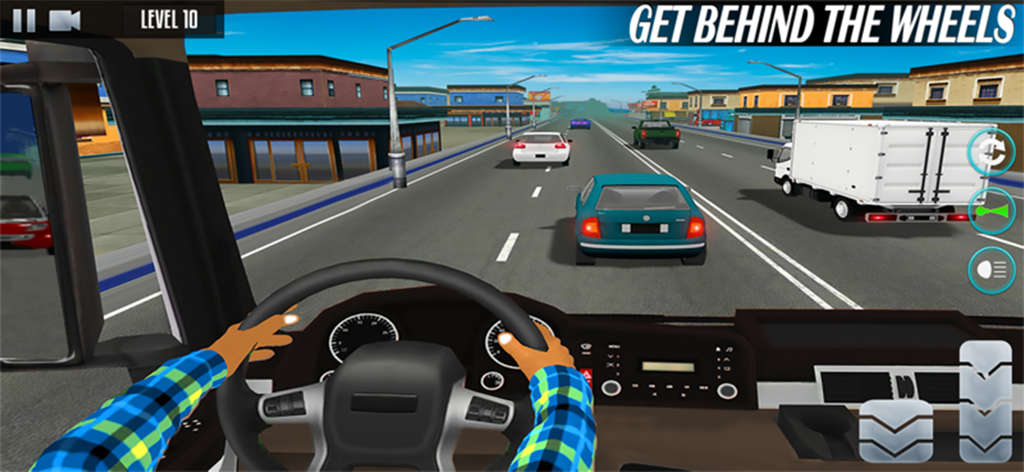 Truck Games – Truck Simulator - Vista en primera persona de la conducción de un camión en una carretera concurrida con las manos en el volante