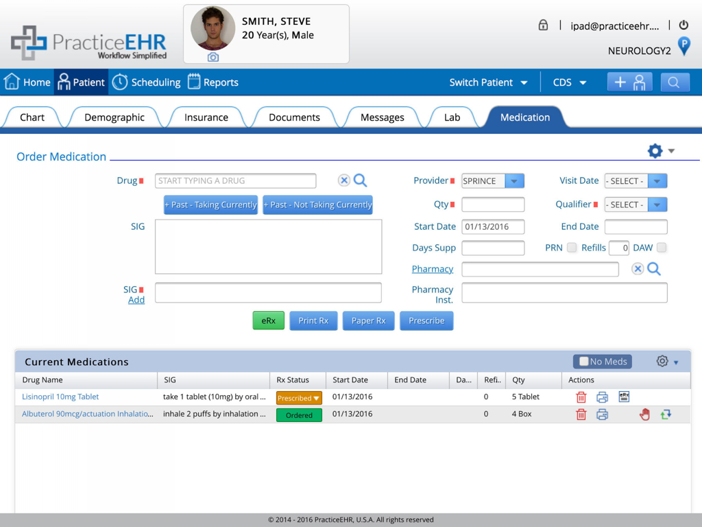 Practice EHR - Pantalla de solicitud electrónica de medicamentos y gestión de recetas en Practice EHR para iPad.
