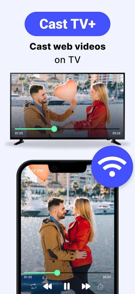 Wireless Display Adapter - Mise en miroir de l'écran d'un smartphone diffusant une vidéo romantique sur une Smart TV à l'aide de l'application Wireless Display Adapter