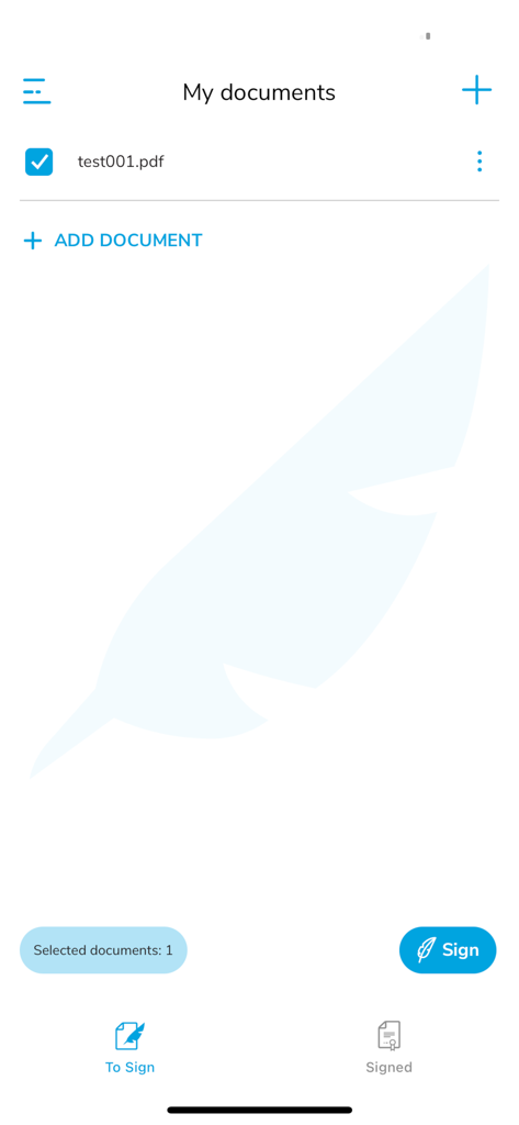 Certum SimplySign - Interface da aplicação móvel do Certum SimplySign mostrando uma lista de documentos com um ficheiro PDF selecionado para assinatura digital