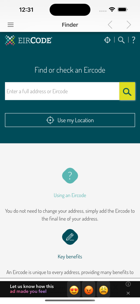 Search interface of the Eircode Finder app for Irish addresses