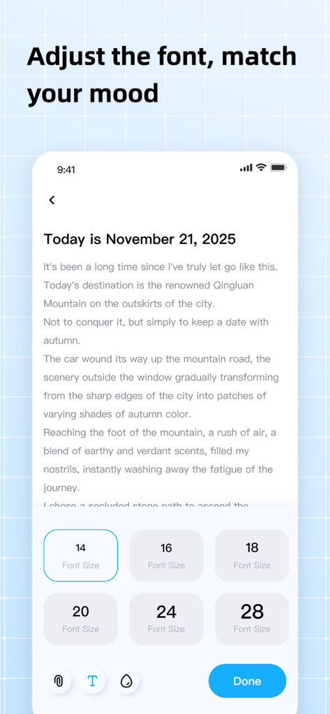 Interface showing font size options in the Leaflet note taking app