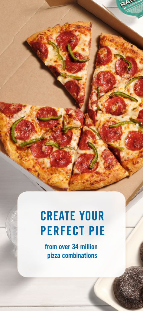 Domino's Pizza USA - Pepperoni and green pepper pizza in a box with text saying Create Your Perfect Pie from over 34 million combinations