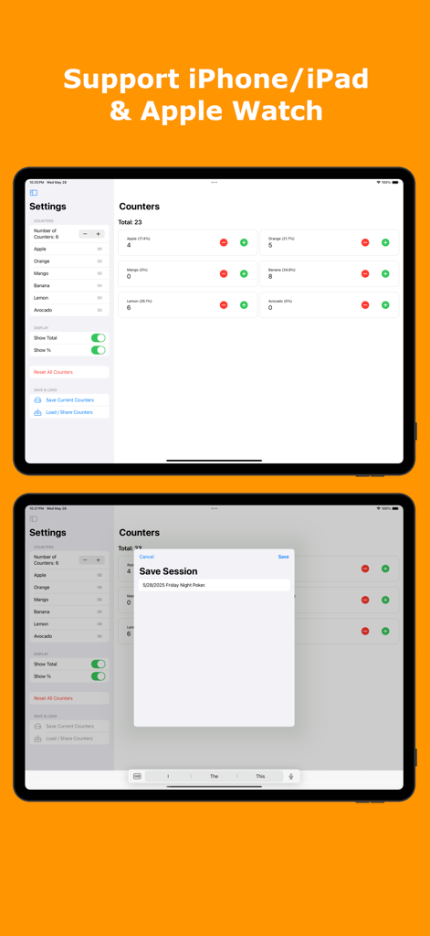 Counter on Me - iPad interface of Counter on Me app featuring multiple tally counters and a session saving popup