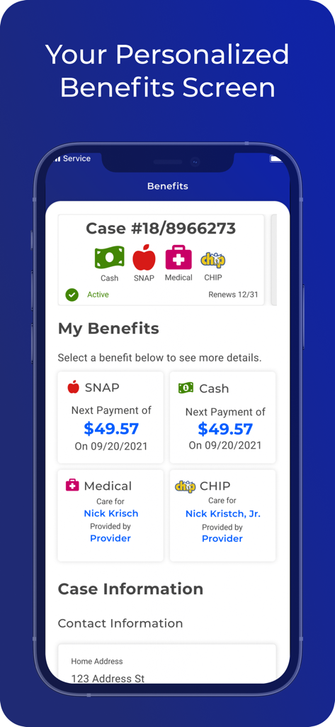 A mobile app interface displaying active Pennsylvania state benefits like SNAP, Cash, Medical, and CHIP with payment dates and renewal status.